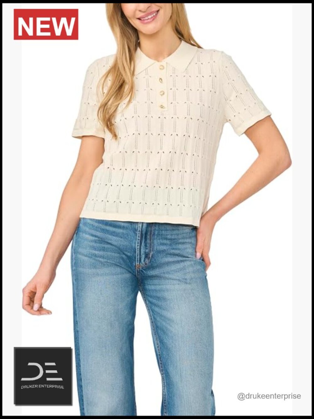 CeCe Pointelle Short Sleeve Collared Top - Women's Blouse